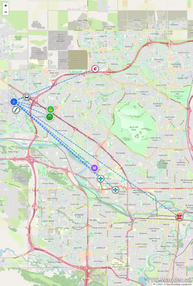 Daily accessibility map for 12 TUSCANY VALLEY GV NW, Calgary showing nearby schools, grocery stores, parks, LRT stations and nearby amenities