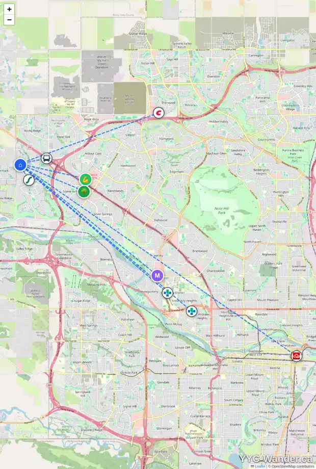 Daily accessibility map for 13 TUSCANY RIDGE CI NW, Calgary showing nearby schools, grocery stores, parks, LRT stations and nearby amenities