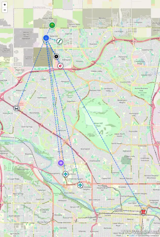 Daily accessibility map for 128 NOLANHURST CR NW, Calgary showing nearby schools, grocery stores, parks, LRT stations and nearby amenities