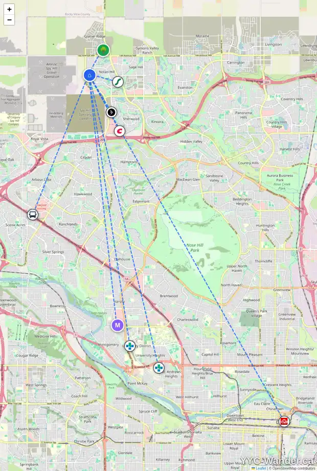 Daily accessibility map for 164 NOLANHURST CR NW, Calgary showing nearby schools, grocery stores, parks, LRT stations and nearby amenities