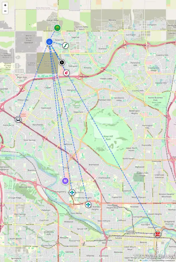 Daily accessibility map for 176 NOLANHURST CR NW, Calgary showing nearby schools, grocery stores, parks, LRT stations and nearby amenities
