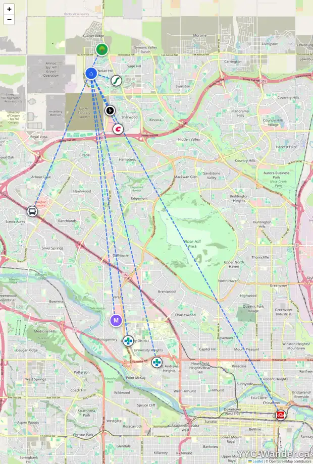 Daily accessibility map for 104 NOLANHURST CR NW, Calgary showing nearby schools, grocery stores, parks, LRT stations and nearby amenities