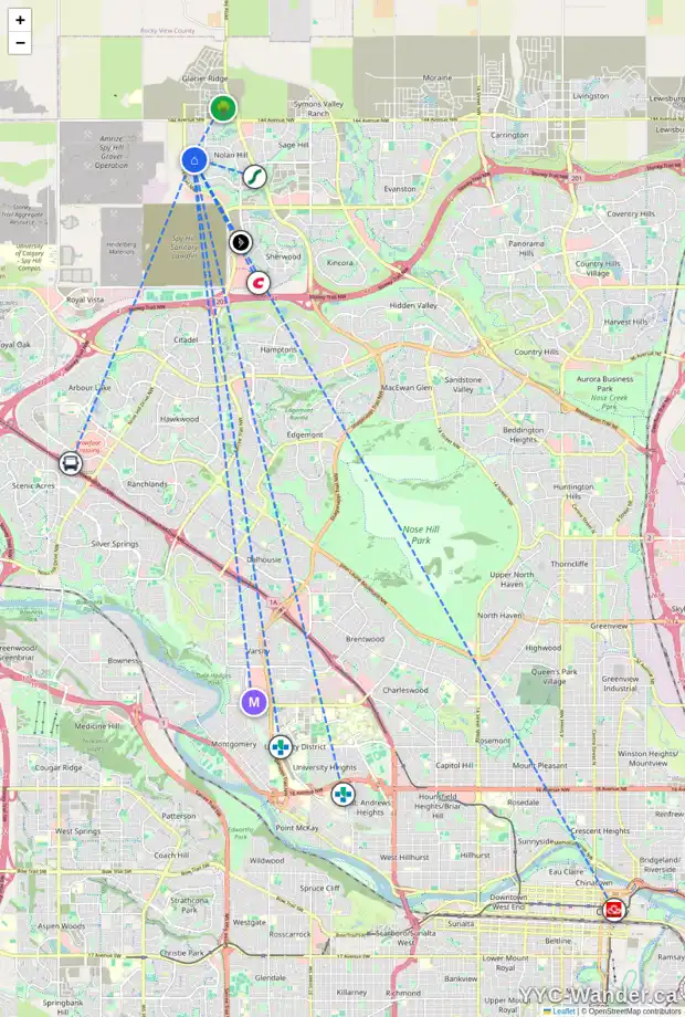 Daily accessibility map for 157 NOLANHURST CR NW, Calgary showing nearby schools, grocery stores, parks, LRT stations and nearby amenities