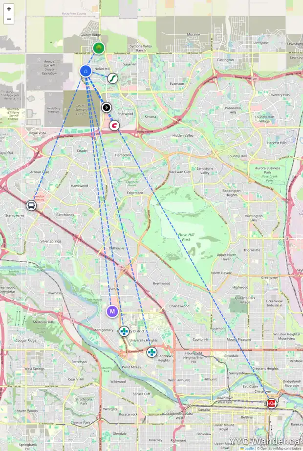 Daily accessibility map for 161 NOLANHURST CR NW, Calgary showing nearby schools, grocery stores, parks, LRT stations and nearby amenities