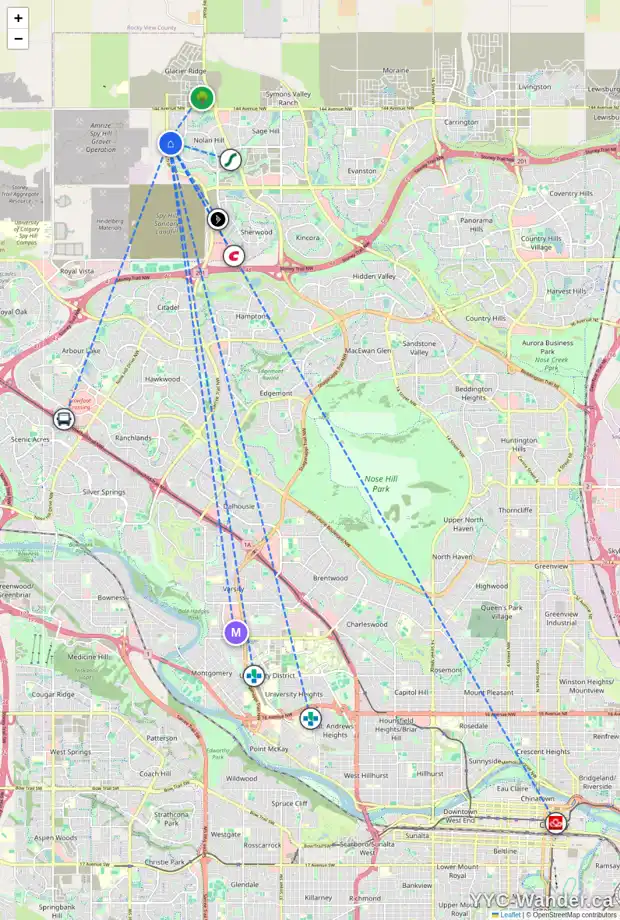 Daily accessibility map for 224 NOLANHURST CR NW, Calgary showing nearby schools, grocery stores, parks, LRT stations and nearby amenities