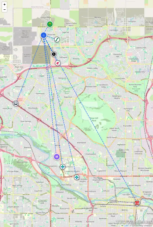 Daily accessibility map for 110 NOLANHURST RI NW, Calgary showing nearby schools, grocery stores, parks, LRT stations and nearby amenities
