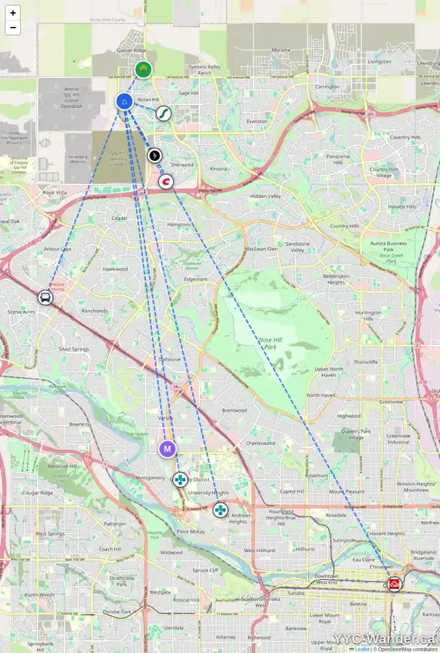 Daily accessibility map for 118 NOLANHURST RI NW, Calgary showing nearby schools, grocery stores, parks, LRT stations and nearby amenities