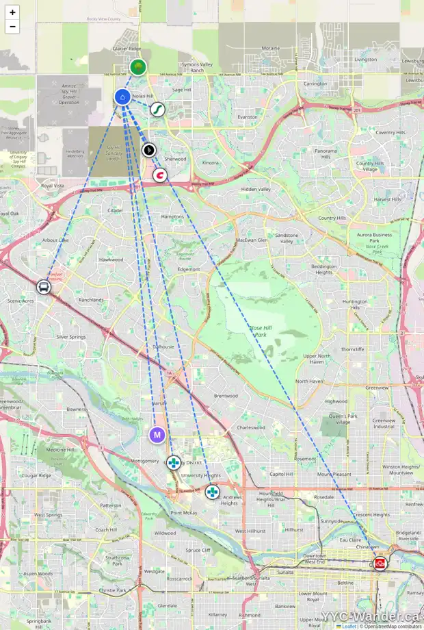Daily accessibility map for 77 NOLANHURST CR NW, Calgary showing nearby schools, grocery stores, parks, LRT stations and nearby amenities