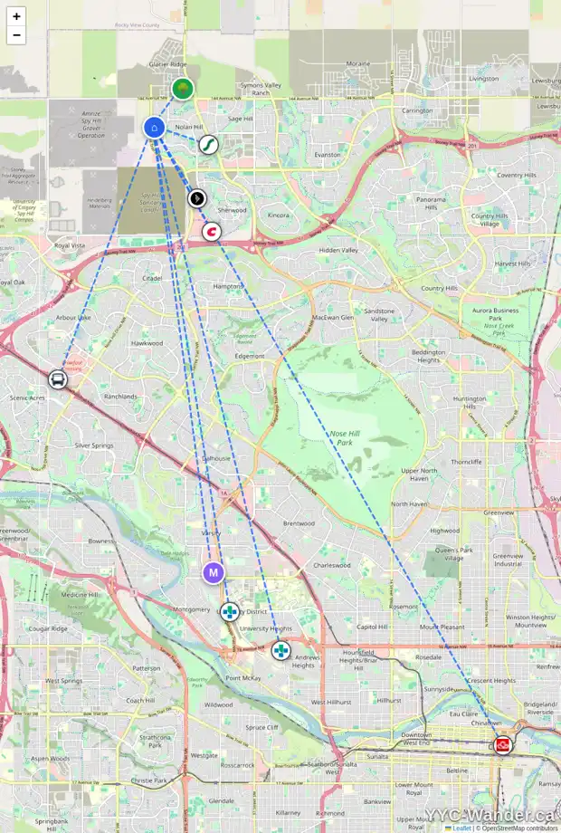 Daily accessibility map for 248 NOLANHURST CR NW, Calgary showing nearby schools, grocery stores, parks, LRT stations and nearby amenities