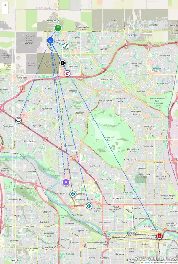 Daily accessibility map for 123 NOLANHURST RI NW, Calgary showing nearby schools, grocery stores, parks, LRT stations and nearby amenities