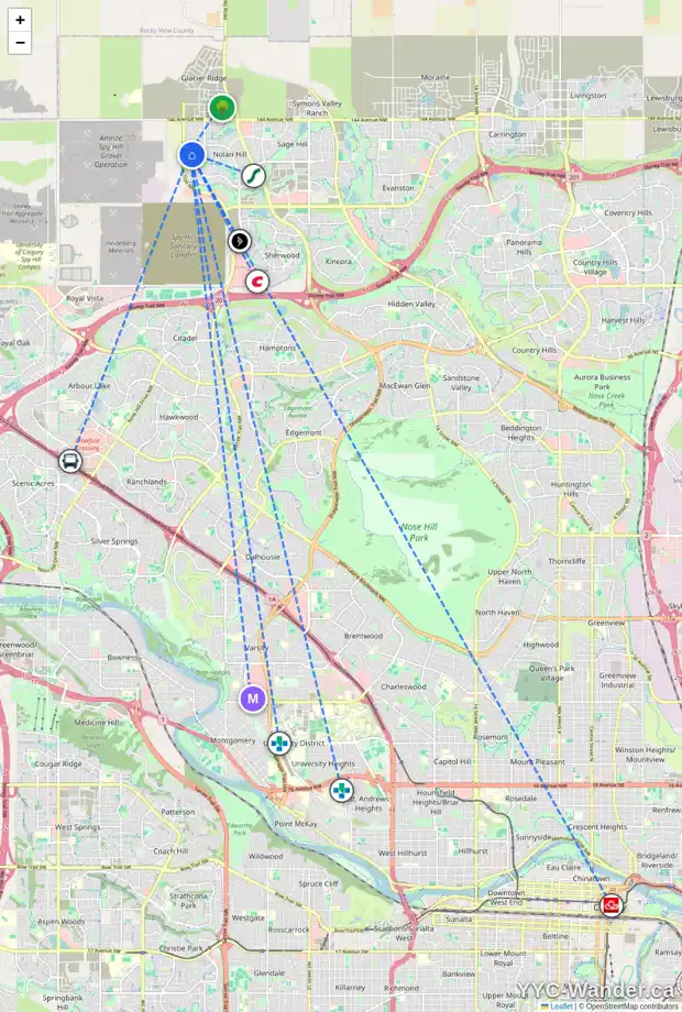 Daily accessibility map for 127 NOLANHURST RI NW, Calgary showing nearby schools, grocery stores, parks, LRT stations and nearby amenities