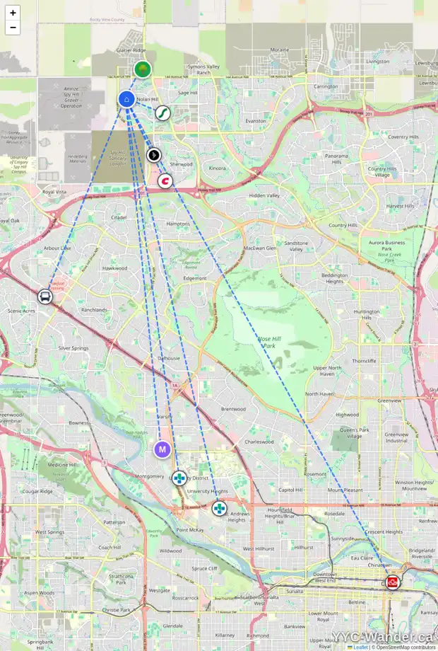 Daily accessibility map for 61 NOLANHURST CR NW, Calgary showing nearby schools, grocery stores, parks, LRT stations and nearby amenities