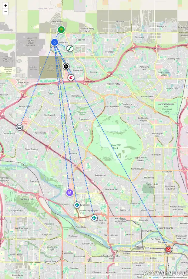 Daily accessibility map for 57 NOLANHURST CR NW, Calgary showing nearby schools, grocery stores, parks, LRT stations and nearby amenities