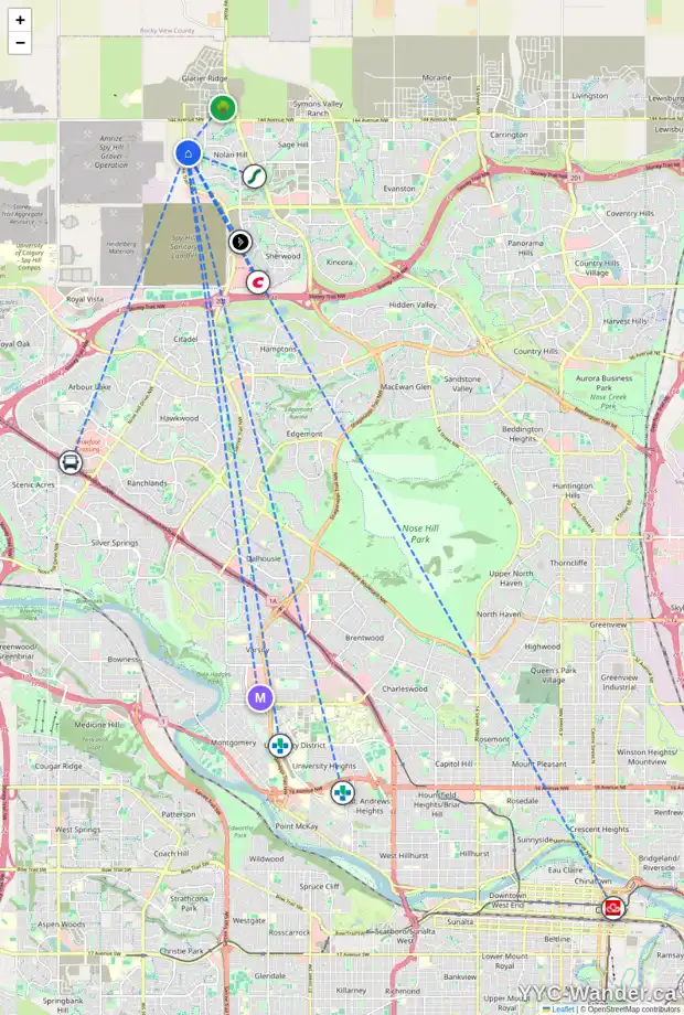 Daily accessibility map for 268 NOLANHURST CR NW, Calgary showing nearby schools, grocery stores, parks, LRT stations and nearby amenities