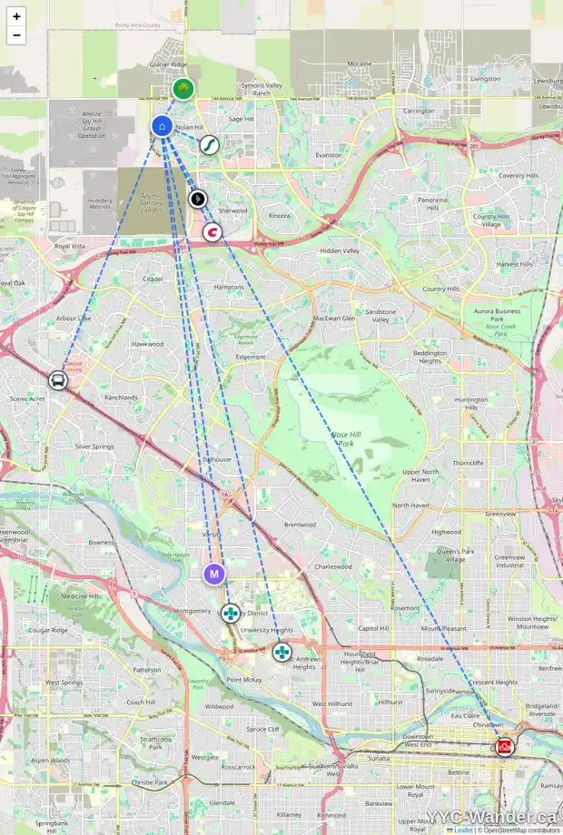 Daily accessibility map for 62 NOLANHURST RI NW, Calgary showing nearby schools, grocery stores, parks, LRT stations and nearby amenities