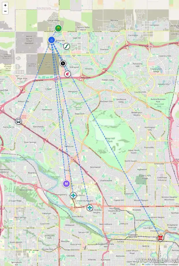 Daily accessibility map for 54 NOLANHURST RI NW, Calgary showing nearby schools, grocery stores, parks, LRT stations and nearby amenities