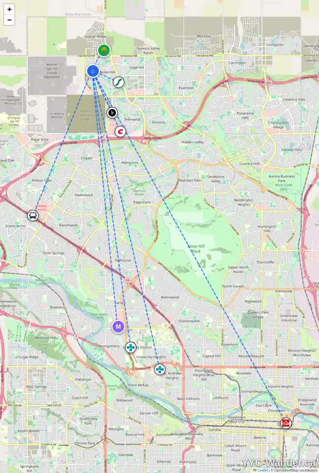 Daily accessibility map for 41 NOLANHURST CR NW, Calgary showing nearby schools, grocery stores, parks, LRT stations and nearby amenities