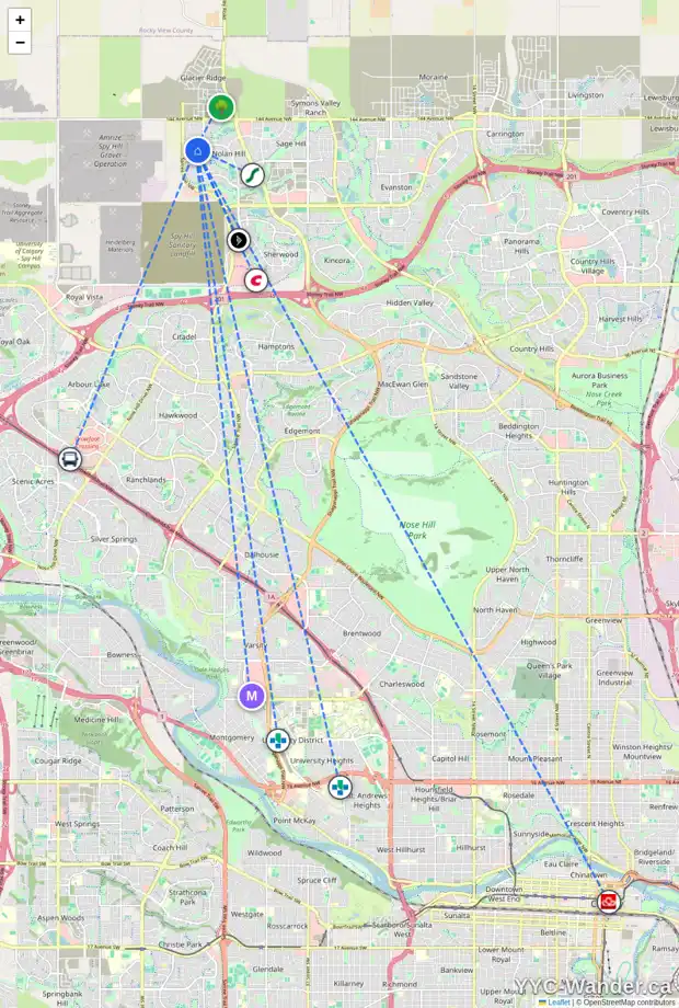 Daily accessibility map for 33 NOLANHURST CR NW, Calgary showing nearby schools, grocery stores, parks, LRT stations and nearby amenities