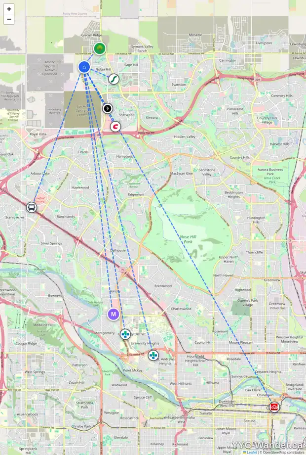 Daily accessibility map for 296 NOLANHURST CR NW, Calgary showing nearby schools, grocery stores, parks, LRT stations and nearby amenities