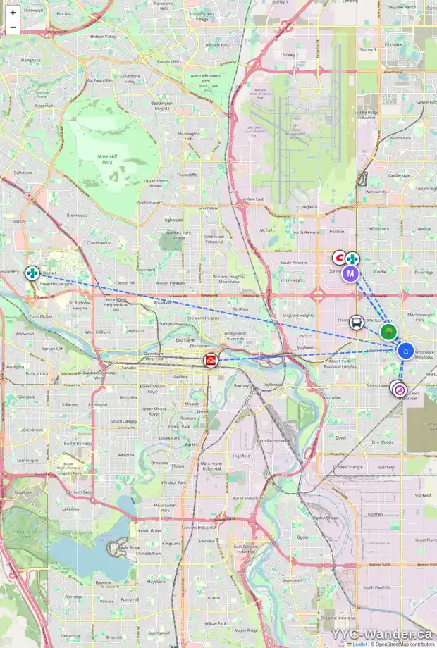 Daily accessibility map for 5224 5 AV SE, Calgary showing nearby schools, grocery stores, parks, LRT stations and nearby amenities