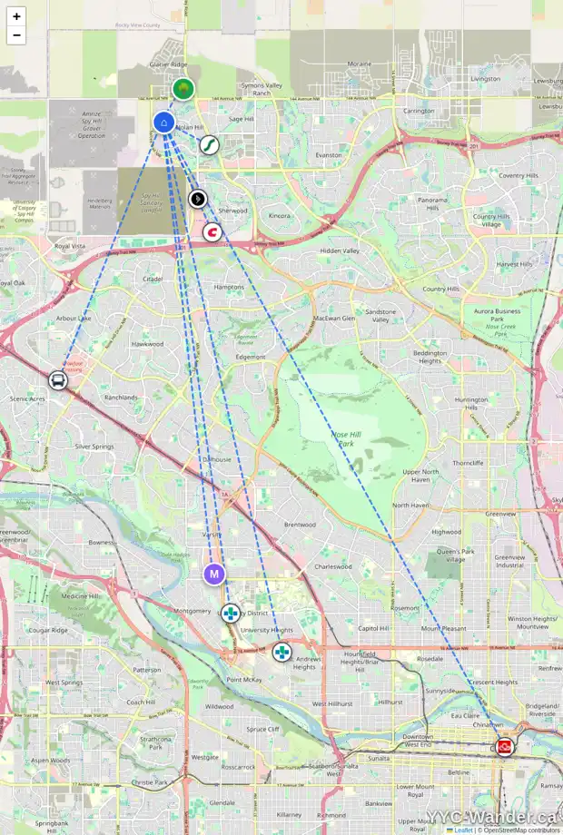 Daily accessibility map for 53 NOLANHURST WY NW, Calgary showing nearby schools, grocery stores, parks, LRT stations and nearby amenities