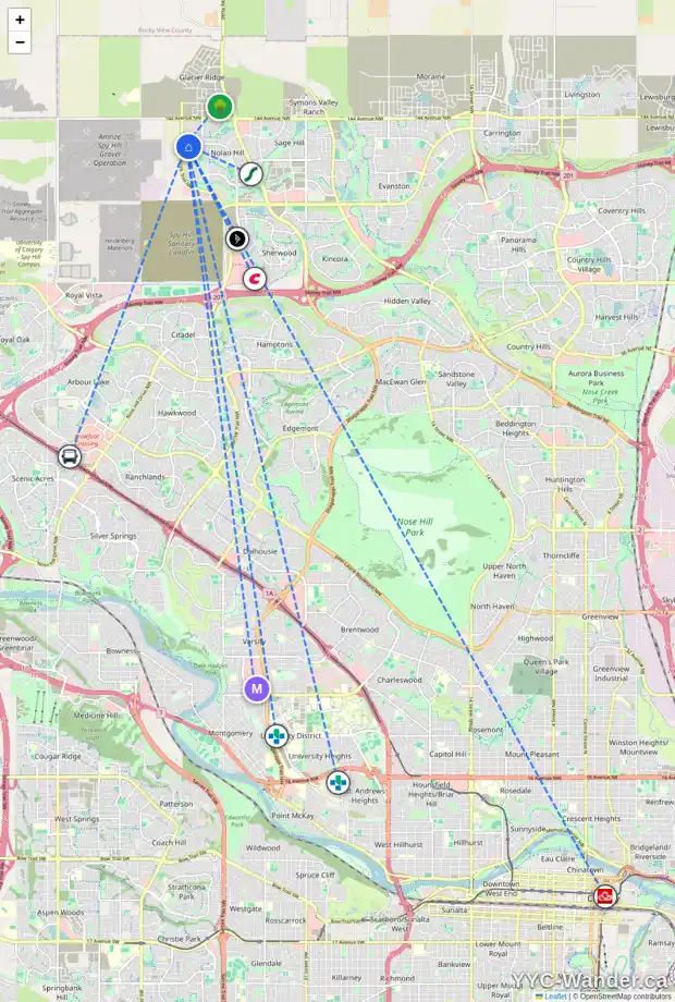 Daily accessibility map for 337 NOLANHURST CR NW, Calgary showing nearby schools, grocery stores, parks, LRT stations and nearby amenities