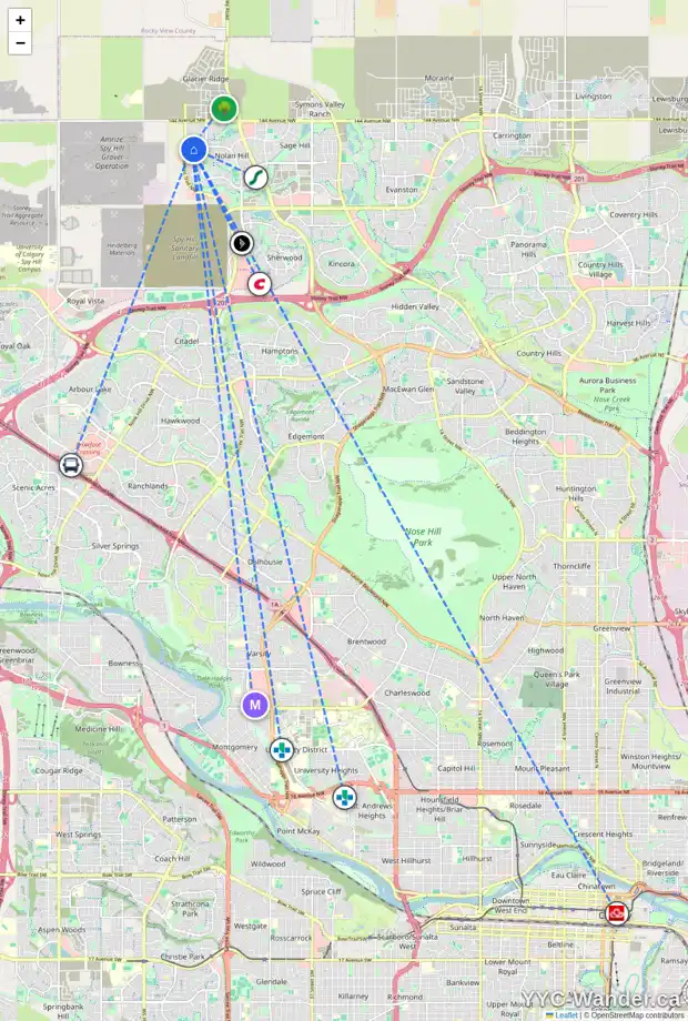 Daily accessibility map for 349 NOLANHURST CR NW, Calgary showing nearby schools, grocery stores, parks, LRT stations and nearby amenities