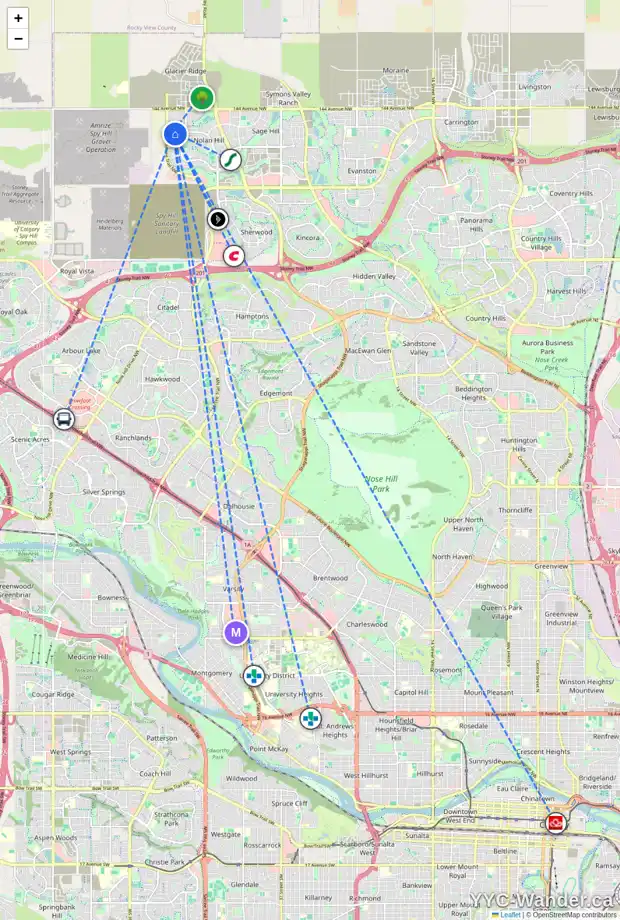 Daily accessibility map for 357 NOLANHURST CR NW, Calgary showing nearby schools, grocery stores, parks, LRT stations and nearby amenities
