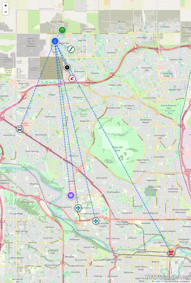 Daily accessibility map for 69 NOLANHURST WY NW, Calgary showing nearby schools, grocery stores, parks, LRT stations and nearby amenities