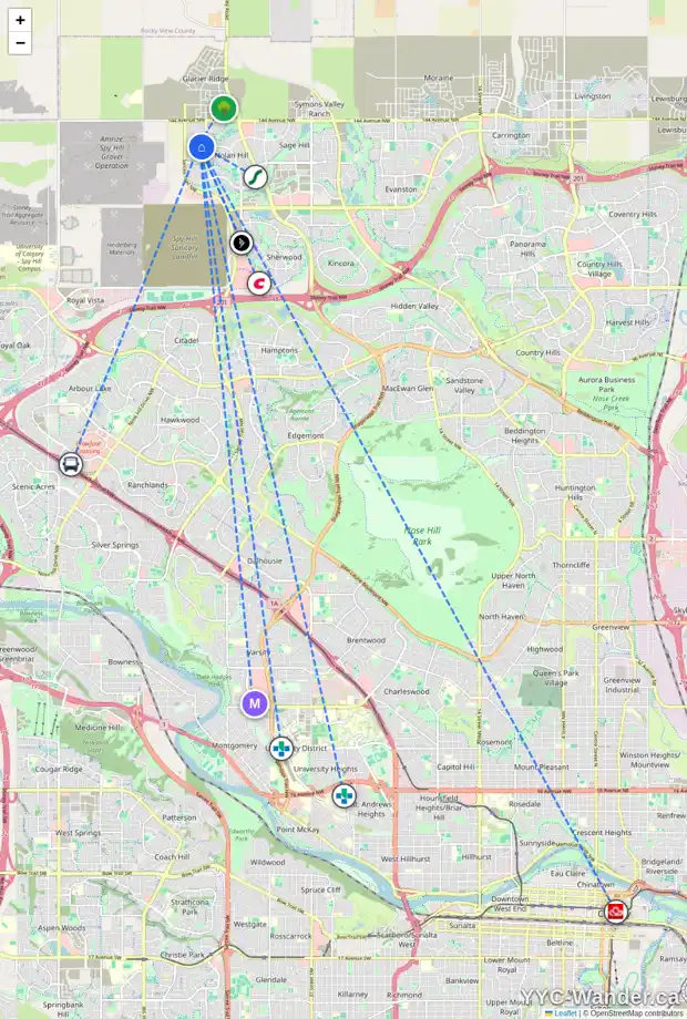 Daily accessibility map for 50 NOLANHURST WY NW, Calgary showing nearby schools, grocery stores, parks, LRT stations and nearby amenities