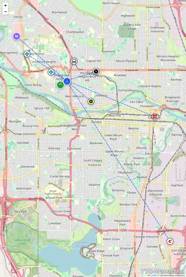 Daily accessibility map for 2518 12 AV NW, Calgary showing nearby schools, grocery stores, parks, LRT stations and nearby amenities