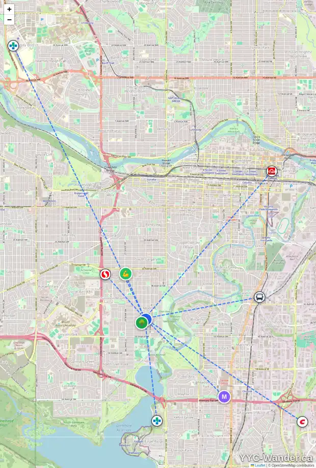 Daily accessibility map for 4619 16A ST SW, Calgary showing nearby schools, grocery stores, parks, LRT stations and nearby amenities