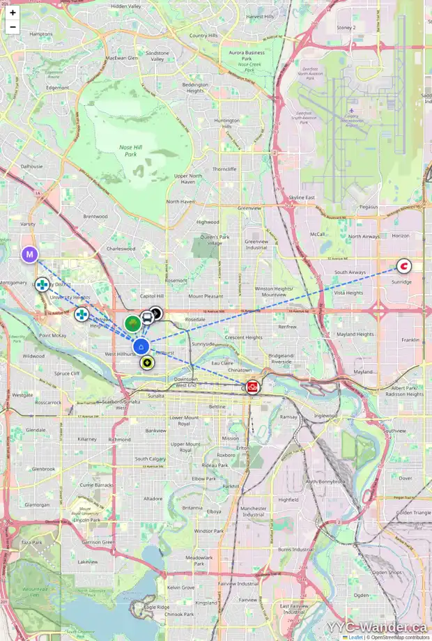 Daily accessibility map for 2016 5 AV NW, Calgary showing nearby schools, grocery stores, parks, LRT stations and nearby amenities