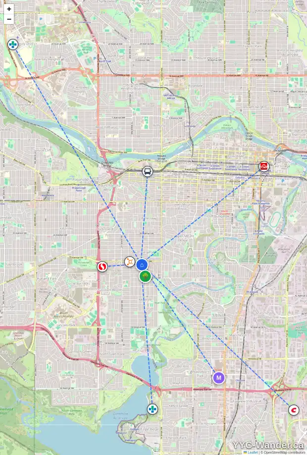 Daily accessibility map for 1804 34 AV SW, Calgary showing nearby schools, grocery stores, parks, LRT stations and nearby amenities