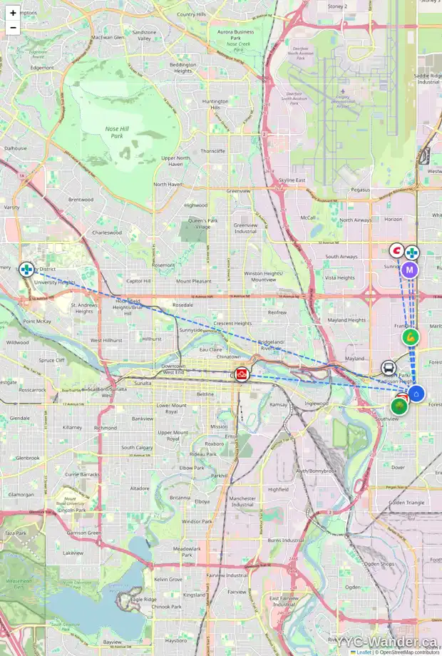 Daily accessibility map for 1344 35 ST SE, Calgary showing nearby schools, grocery stores, parks, LRT stations and nearby amenities