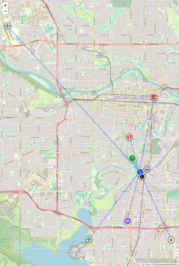 Daily accessibility map for 1 4209 STANLEY RD SW, Calgary showing nearby schools, grocery stores, parks, LRT stations and nearby amenities