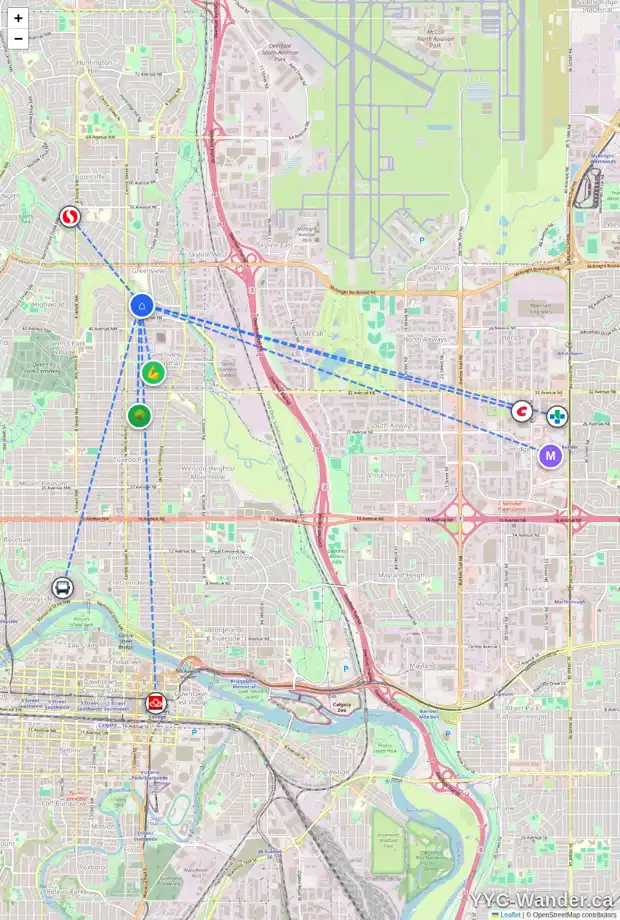 Daily accessibility map for 410 4303 1 ST NE, Calgary showing nearby schools, grocery stores, parks, LRT stations and nearby amenities