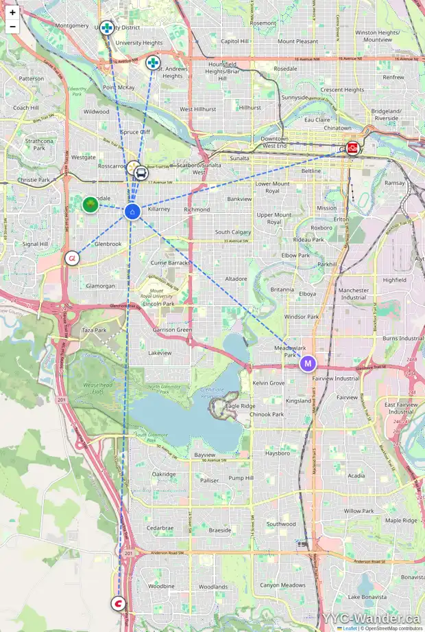 Daily accessibility map for 2609 36 ST SW, Calgary showing nearby schools, grocery stores, parks, LRT stations and nearby amenities