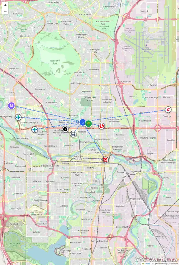 Daily accessibility map for 2125 8 ST NW, Calgary showing nearby schools, grocery stores, parks, LRT stations and nearby amenities