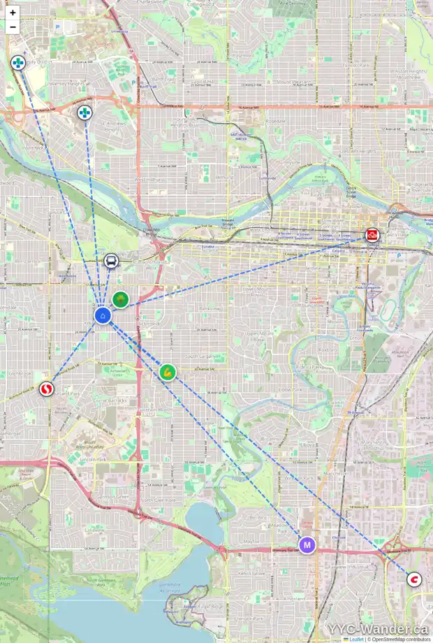 Daily accessibility map for 2404 28 ST SW, Calgary showing nearby schools, grocery stores, parks, LRT stations and nearby amenities