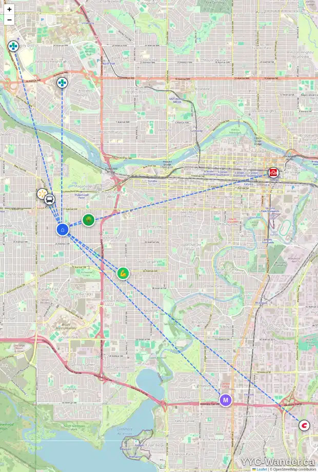 Daily accessibility map for 2236 31 ST SW, Calgary showing nearby schools, grocery stores, parks, LRT stations and nearby amenities