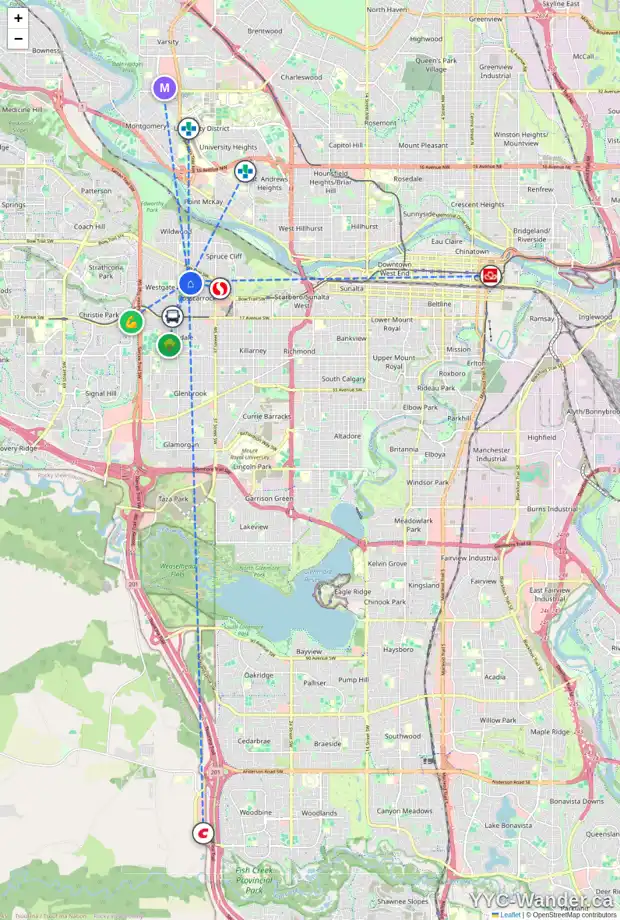 Daily accessibility map for 906 43 ST SW, Calgary showing nearby schools, grocery stores, parks, LRT stations and nearby amenities