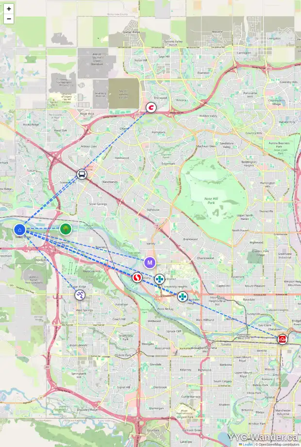 Daily accessibility map for 208 103 VALLEY RIDGE MR NW, Calgary showing nearby schools, grocery stores, parks, LRT stations and nearby amenities