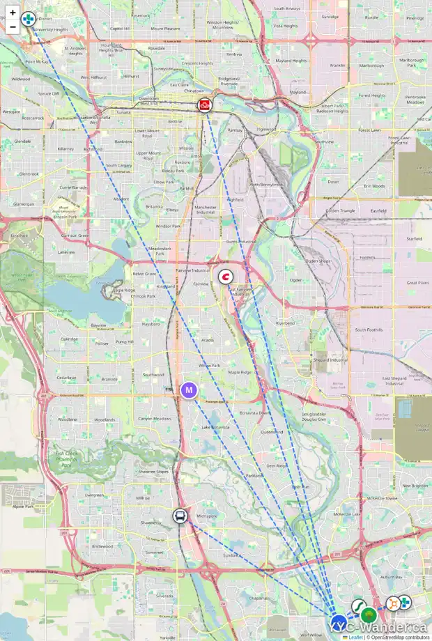 Daily accessibility map for 70 CRANBROOK RI SE, Calgary showing nearby schools, grocery stores, parks, LRT stations and nearby amenities