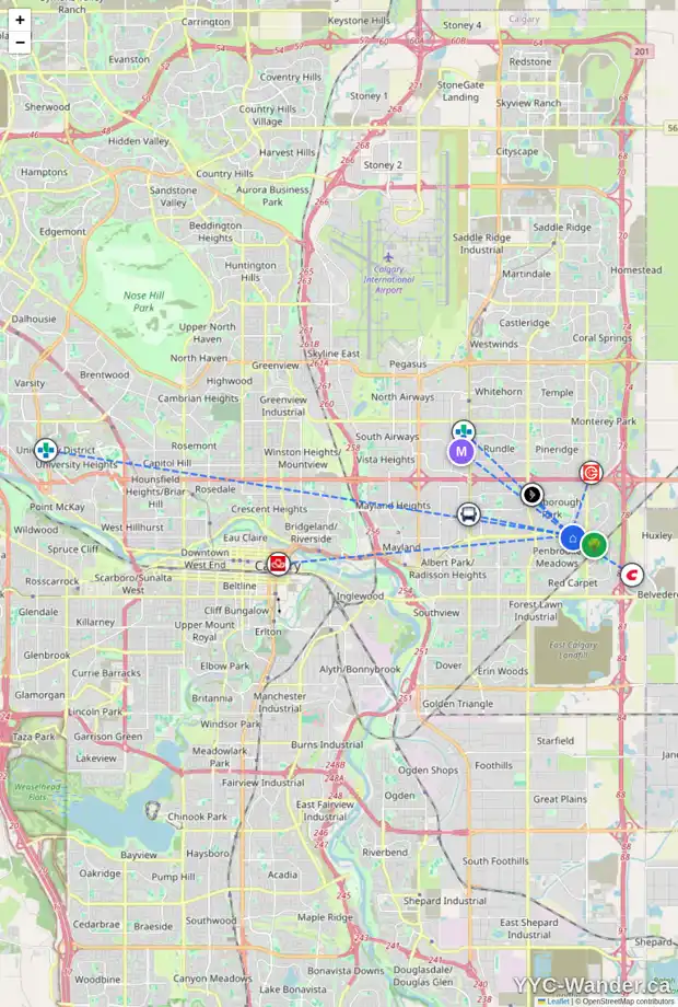 Daily accessibility map for 6136 MADIGAN DR NE, Calgary showing nearby schools, grocery stores, parks, LRT stations and nearby amenities