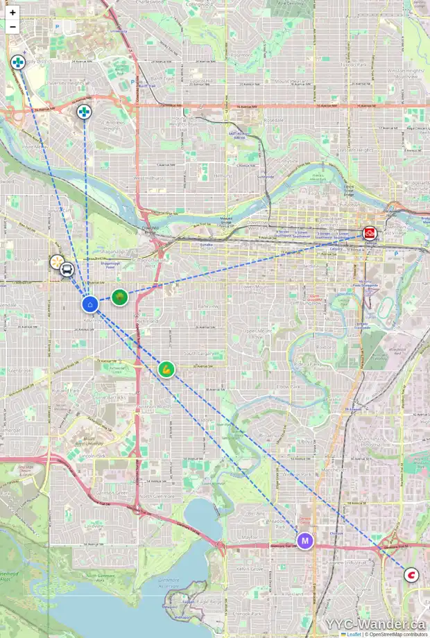 Daily accessibility map for 107 2206 30 ST SW, Calgary showing nearby schools, grocery stores, parks, LRT stations and nearby amenities