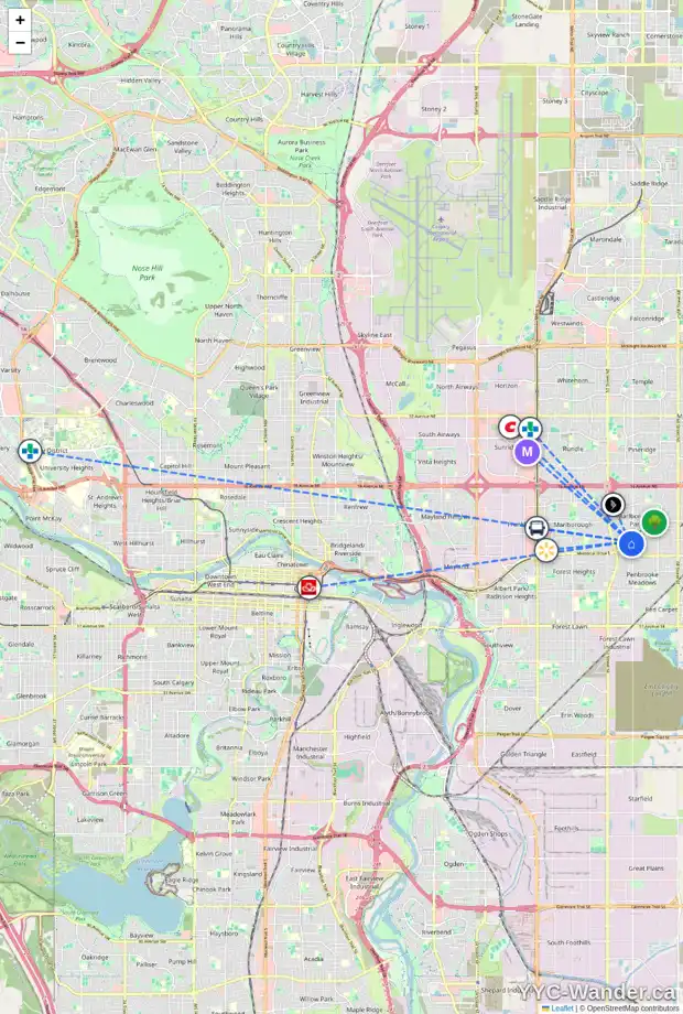 Daily accessibility map for 328 MADDOCK CR NE, Calgary showing nearby schools, grocery stores, parks, LRT stations and nearby amenities