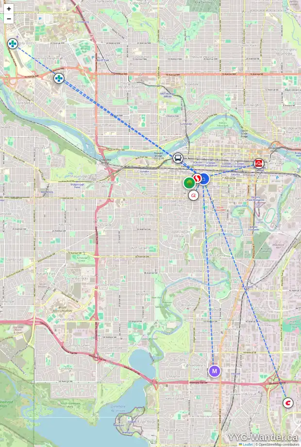 Daily accessibility map for 735 11 AV SW, Calgary showing nearby schools, grocery stores, parks, LRT stations and nearby amenities