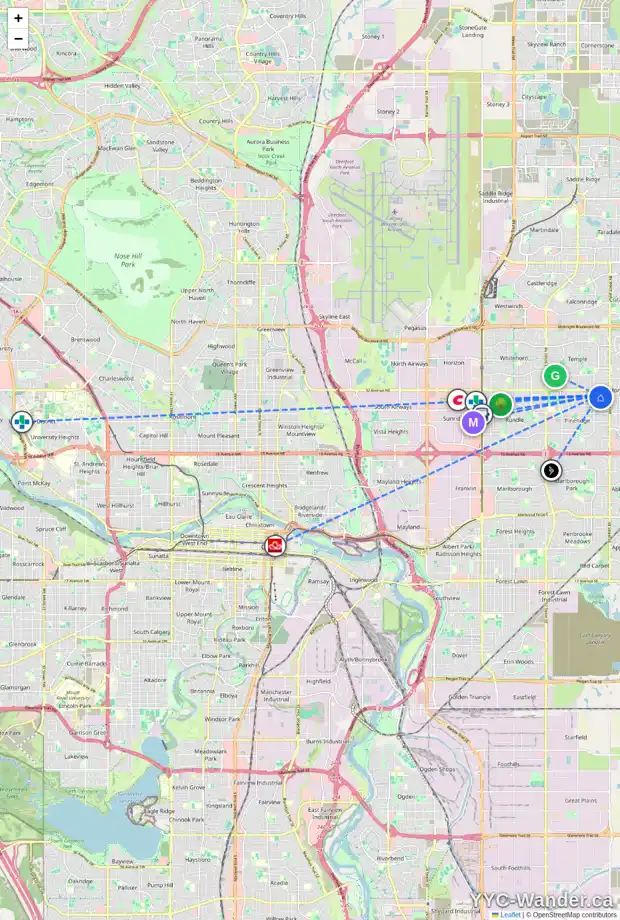 Daily accessibility map for 203 PINECLIFF WY NE, Calgary showing nearby schools, grocery stores, parks, LRT stations and nearby amenities