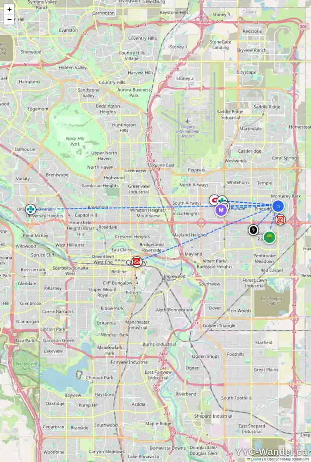 Daily accessibility map for 36 PINECLIFF CL NE, Calgary showing nearby schools, grocery stores, parks, LRT stations and nearby amenities